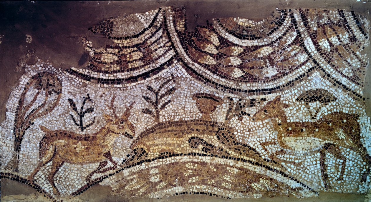 Paleokristen kunst: fragment av kirkemosaikk: hjort og hjort som drikker vann. 6. århundre e.Kr. Fra Kartago, Bir Ftouh, Tunisia. Paris, Louvre-museet av Paleo Christian