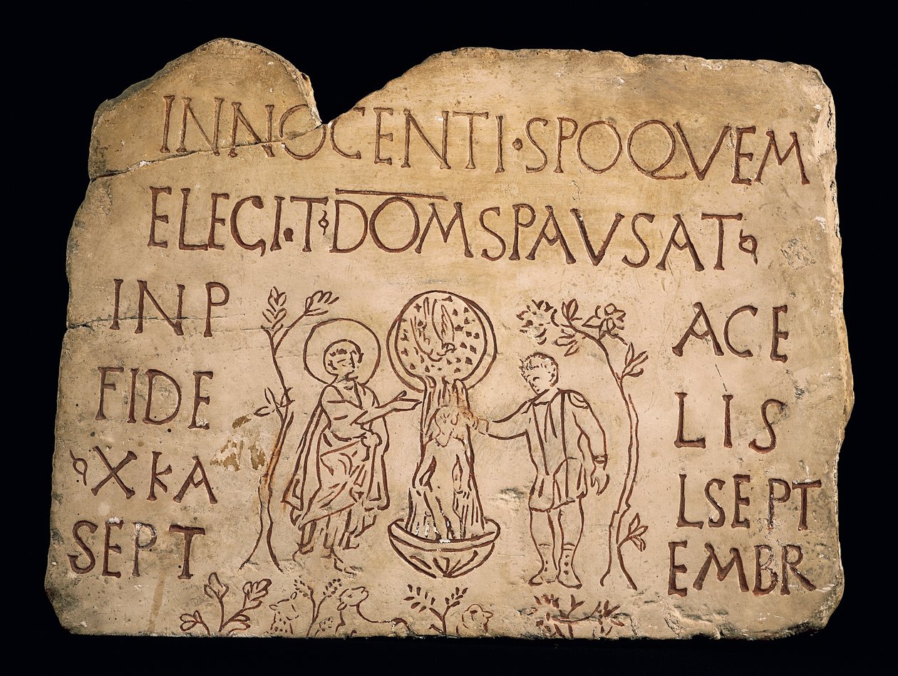 Gravstein med inskripsjon og Kristi dåp, tidlig kristen periode, 3. århundre av Paleo Christian