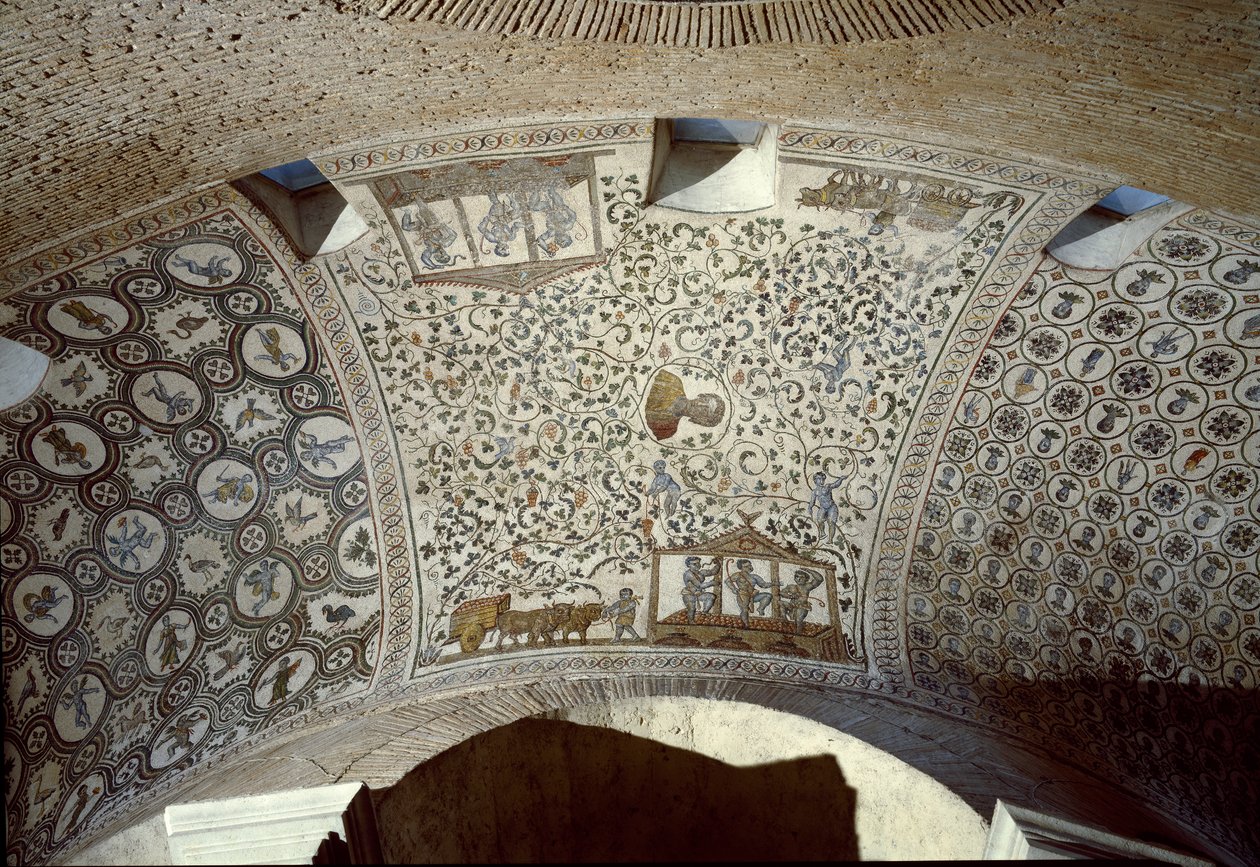 Tidlig kristen kunst: høstscene. Detalj av mosaikk fra 400-tallet av Paleo Christian