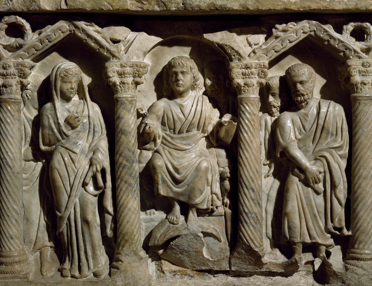 Tidlig kristen sarkofag også kjent som Sarkofag av salige Giles, marmor, Oratory of San Bernardino, Perugia, Umbria, Detalj, Italia, 4. århundre av Paleo Christian