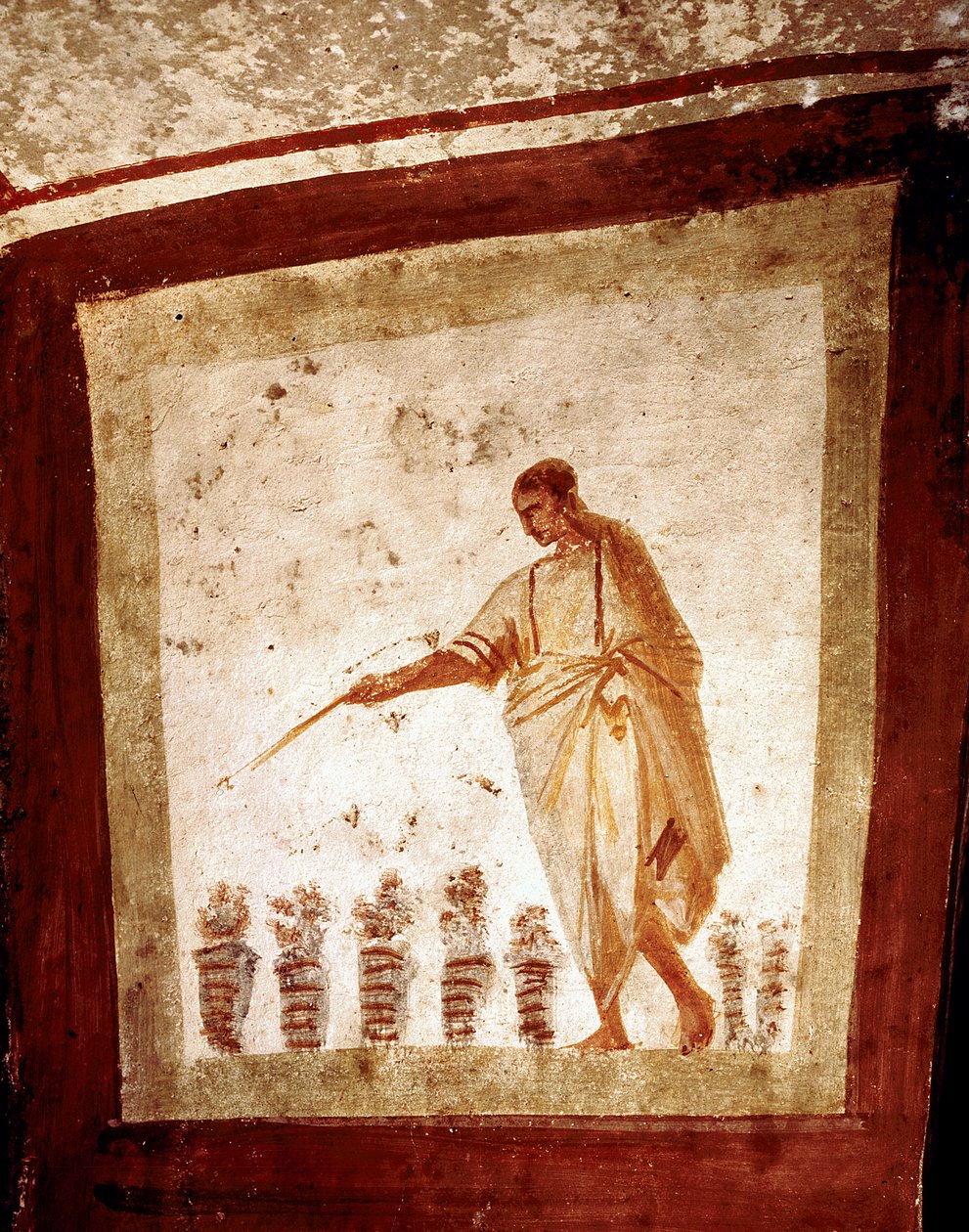 Paleochretian Art (perioden i det gamle Roma): Formering av brød og fisk. Freske av katakomben i Via Anapo i Roma. 3. og 4. århundre. - Tidlig kristen kunst. Multiplikasjonen av brødene og fiskene. Katakomben i Via Anapo, Roma, Italia av Paleo Christian