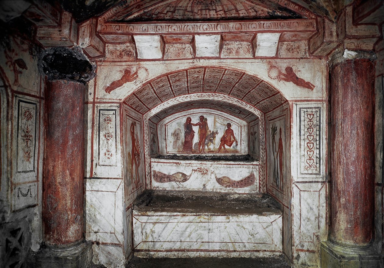 Paleochretian Art: "" Hercules (Alcide) som bringer Alceste fra underverdenen returnerer henne til ektemannen Admete"" Fresco fra det 4. århundre etter JC. Roma, Catacombs di Via Latina - Tidlig kristen kunst. Hercules bringer Alcestis tilbake fra Hades ti av Paleo Christian