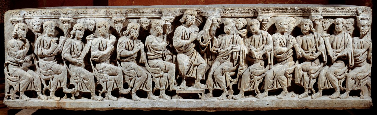 Paleokristen kunst: utskåret sarkofag som viser Kristus som underviser med skuespillerinnen. fra Ain. Slutten av det 4. århundre etter JC. Søn 0,6x2,2 m Paris, musee du Louvre av Paleo Christian