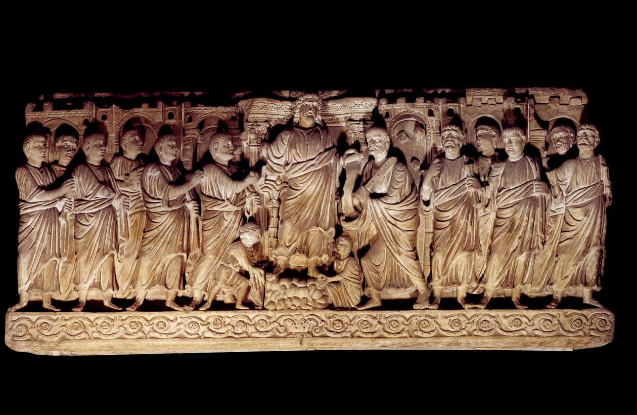 Paleokretisk kunst: utskåret sarkofag som representerer Kristus med apoterne. fra Basilica of St. Peter i Roma, mausolee of the Anicii. 390-400 e.Kr. Paris, Louvre-museet av Paleo Christian