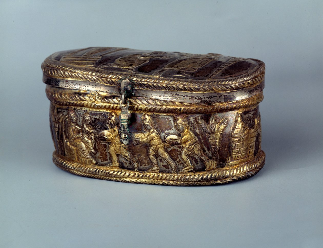 Paleokristen kunst: relikvieskrin i sølv kjent som Capsella de Brivio: Adoration of the Magi. 5. århundre e.Kr. Paris, Louvre-museet av Paleo Christian