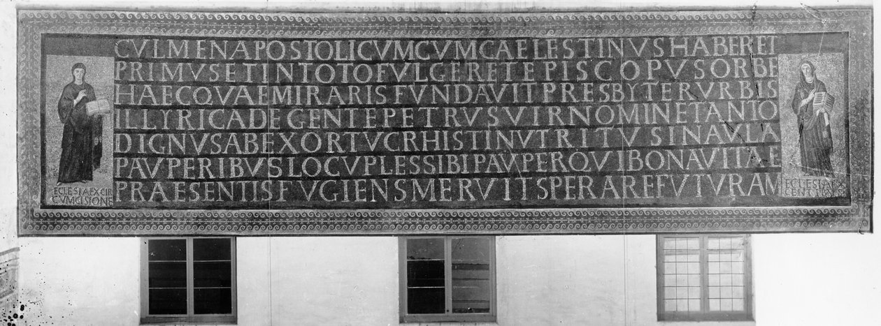 Syv heksametre flankert av to figurer, den ene representerer jødenes kirke (ex-circumcisione) og den andre hedningenes kirke (ex-gentibus) (mosaikk) av Paleo Christian
