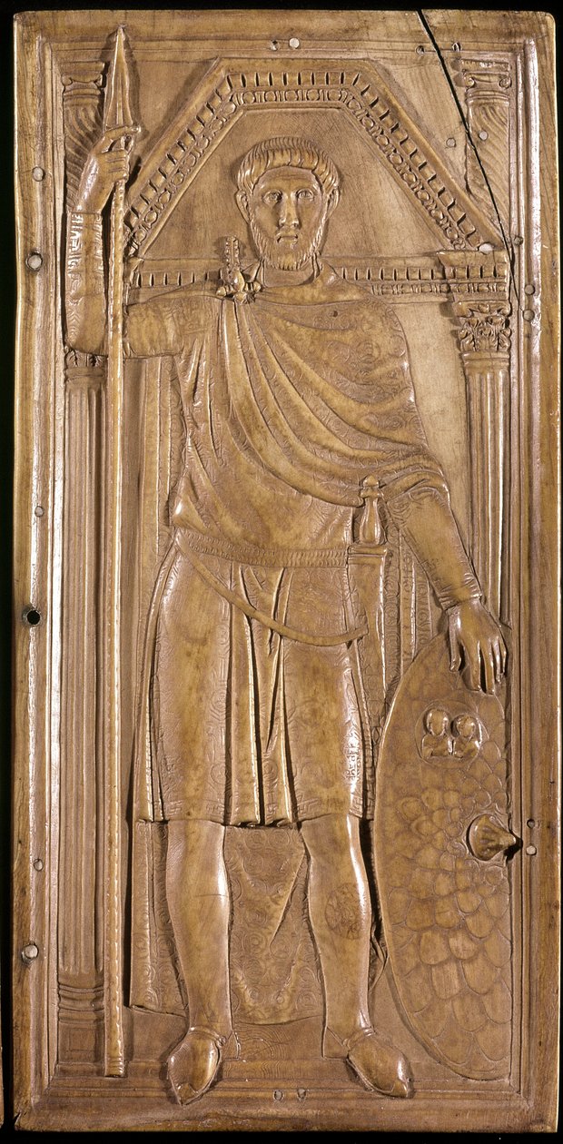 Stilicon in arms, general, patrice og konsul for det vestlige romerske riket. Høyre panel av dyptikken til Stilicho (skulptur på elfenben, ca. 395) av Paleo Christian