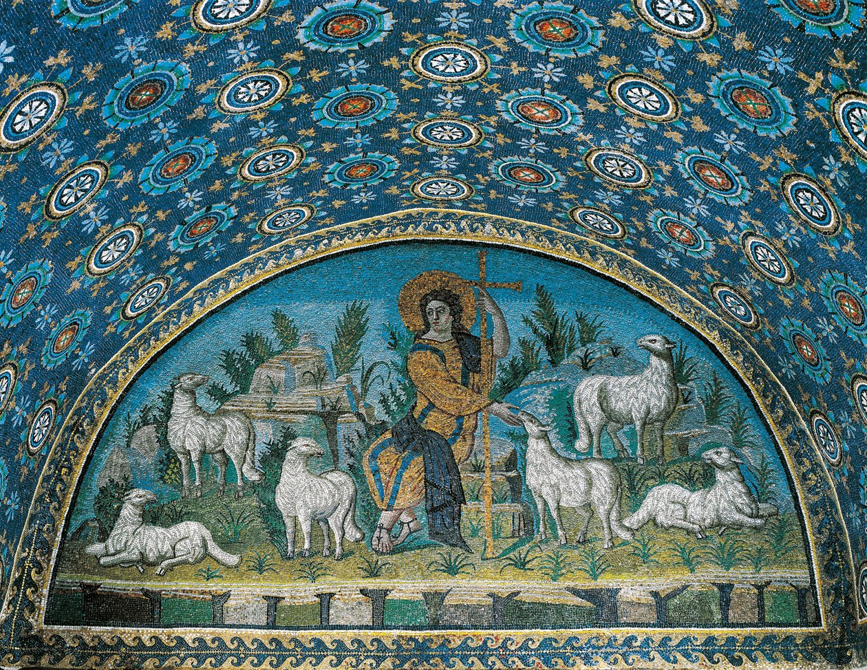 Den gode hyrde, mosaikk av rammen over inngangsdøren til Mausoleum of Galla Placidia, c425 (mosaikk) av Paleo Christian