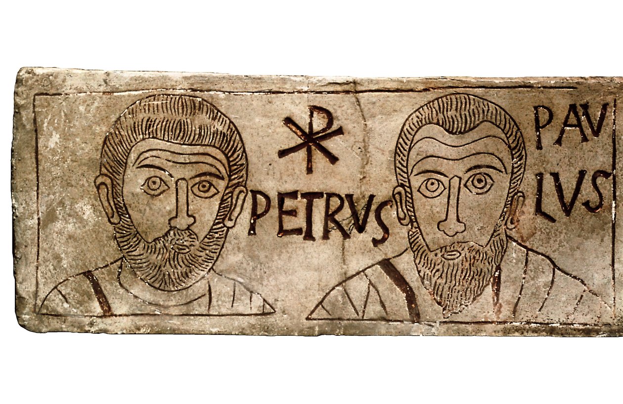 Sarkofag som skildrer apostlene Peter og Paulus, tidlig kristen sivilisasjon av Paleo Christian Paleo Christian