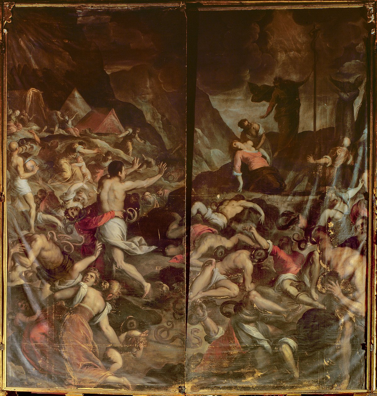 To orgelpaneldører som viser de brennende slangene som infiserer Moses leir etter Arons død, 1600 av Palma Il Giovane