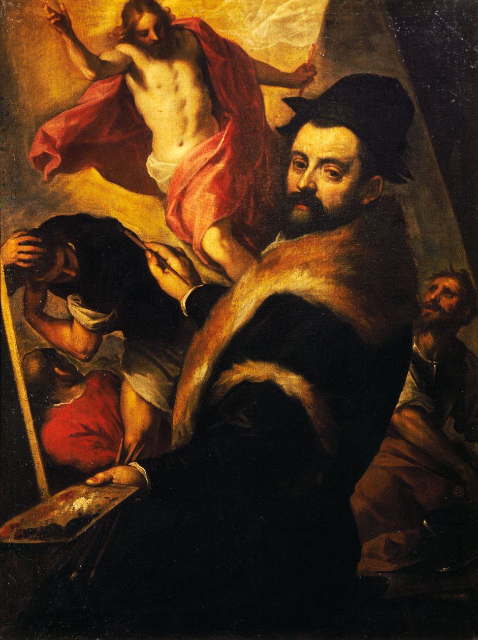 Selvportrett mens du maler Resurrection av Palma Il Giovane