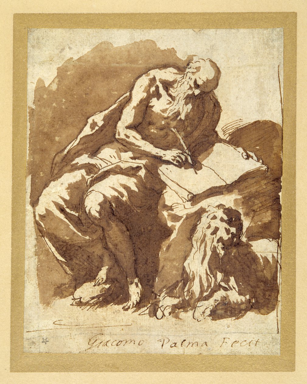 St. Jerome sitter på en stein og skriver (penn og blekk med vask på papir) av Palma Il Giovane