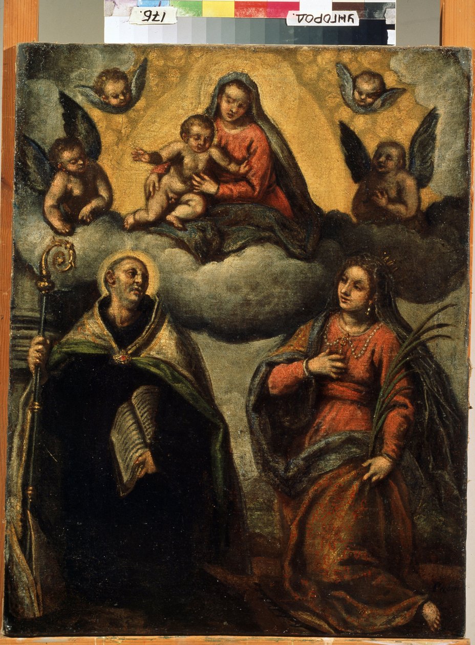 Jomfru og barn med hellige. Maleri av Jacopo Palma il Giovane (De unge av Palma Il  Giovane