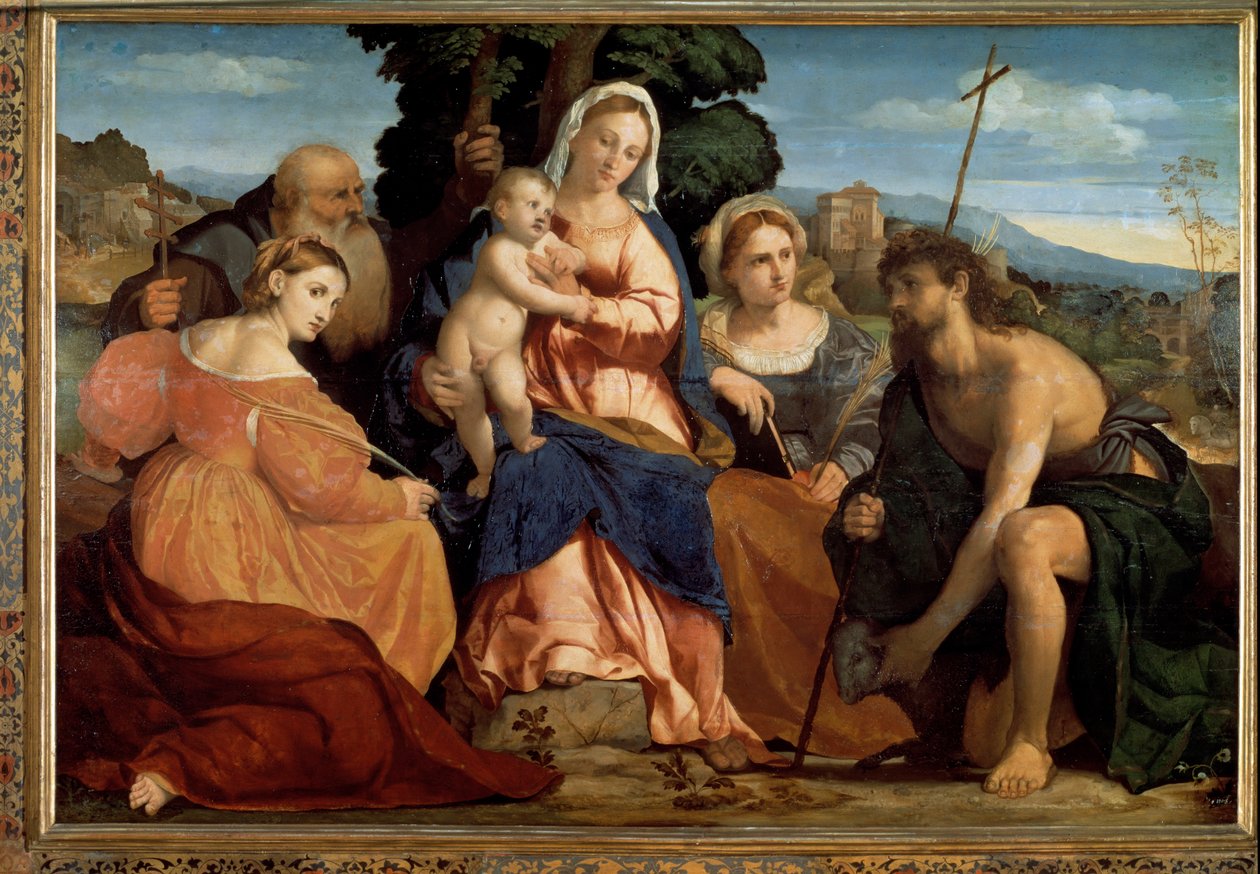 Jomfru med barn med St. Katarina og St. Celestine (til venstre) og døperen Johannes og Barbara (til høyre) (maleri av Palma Il Giovane