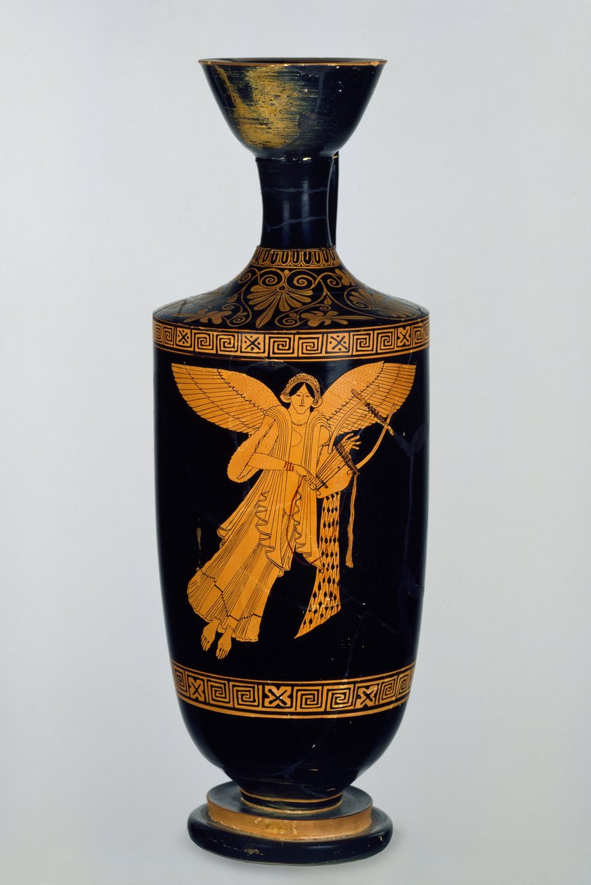 Lofts rødfigur lekythos dekorert med en bevinget figur av Nike, funnet på Gela, ca. 490-80 f.Kr. (keramikk) av Pan Painter