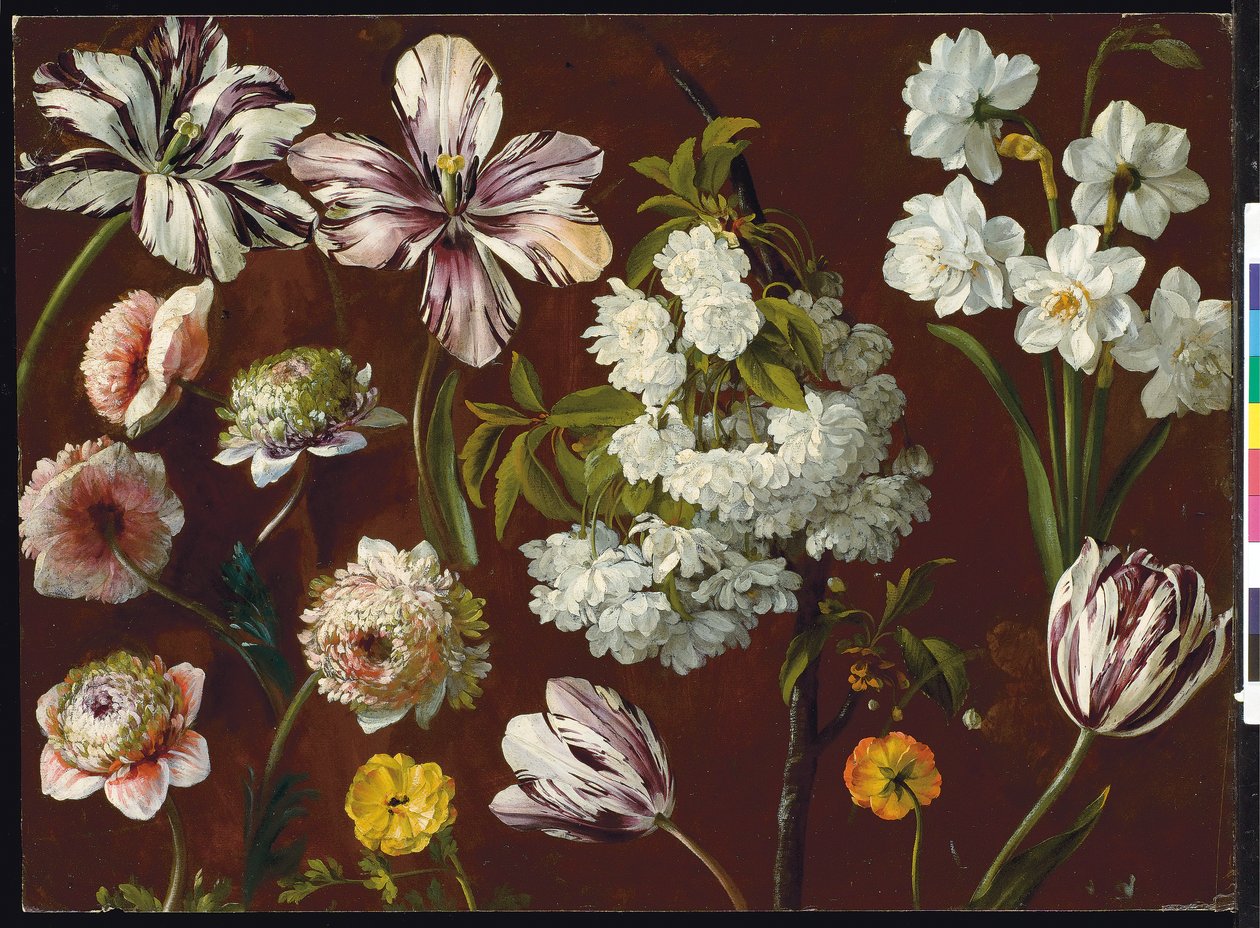 Lilla tulipaner, hvitblomstrende prunus, narcissus og rosa krysantemum (olje på papir) av Pancrace Bessa