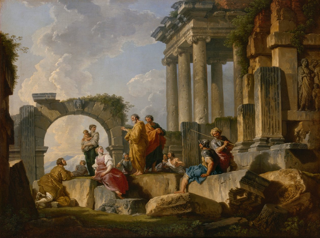 Prekenen til Saint Paul blant ruinene, 1744. av Pannini