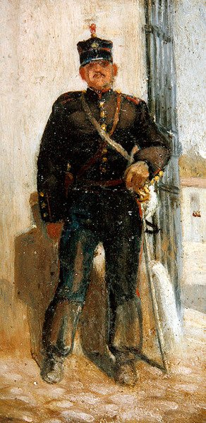 Militære uniformer, samling av 5 (olje om bord) (se også 349159-61 og 349163) av Panos Aravantinos