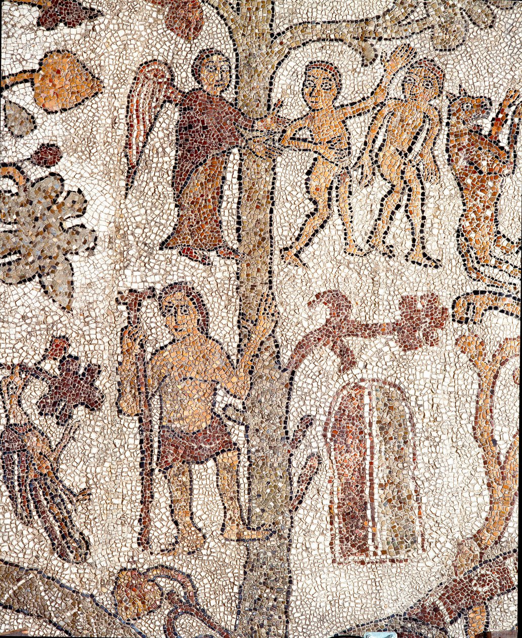 Adam og Eva jakter fra Jordens paradismosaikk av Pantaleone, prest og mosaist. 1163-1166. Sentralskipet til katedralen i Otranto av Pantaleon