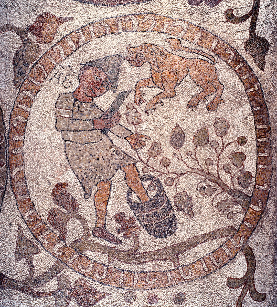 August: en bonde med frygisk hette plukker druene og knuser dem i en bøtte. Løvens tegn er representativt. Mosaikk av Pantaleone, prest og mosaikk. 1163-1166. Sentralskipet til katedralen i Otranto (Otranto), Italia av Pantaleon Pantaleon