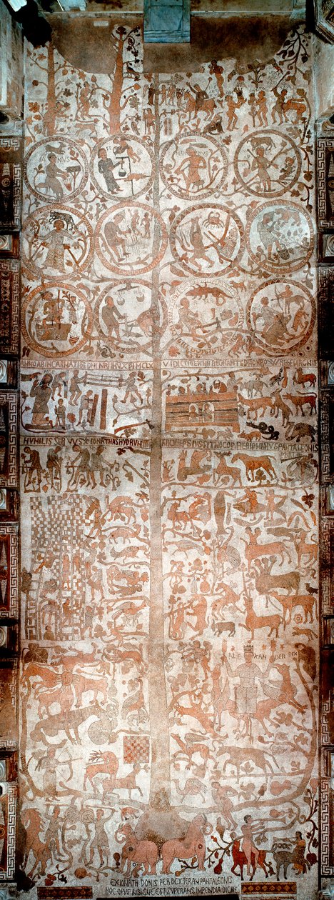 The Creation of the World, Adam og Eva, bibelske scener og stjernetegn Utsikt over hele mosaikken til Pantaleone, Moassete-prest (1100-tallet) som dekker fortauet til kirkeskipet til katedralen i Otranto (Otranto), Italia av Pantaleon Pantaleon