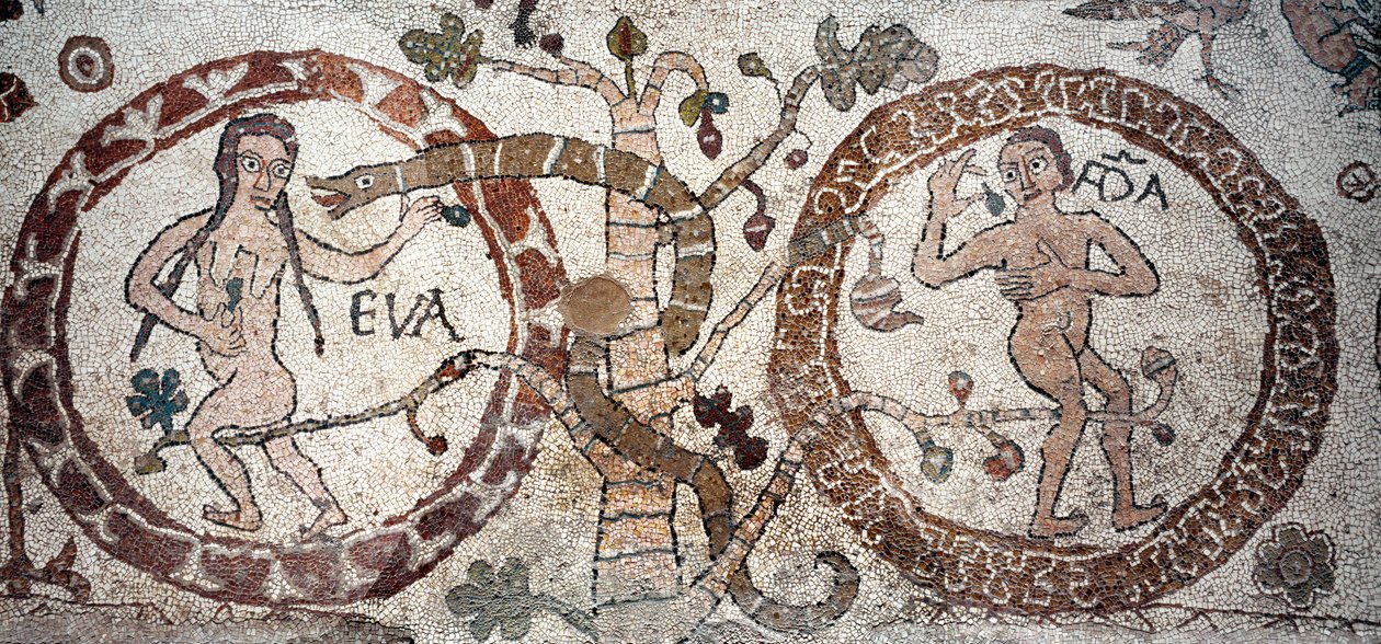 The Temptation of Adam and Eva Mosaic av Pantaleone, prest og mosaist. 1163-1166. Det sentrale skipet til katedralen i Otranto (Otranto), Italia av Pantaleon Pantaleon