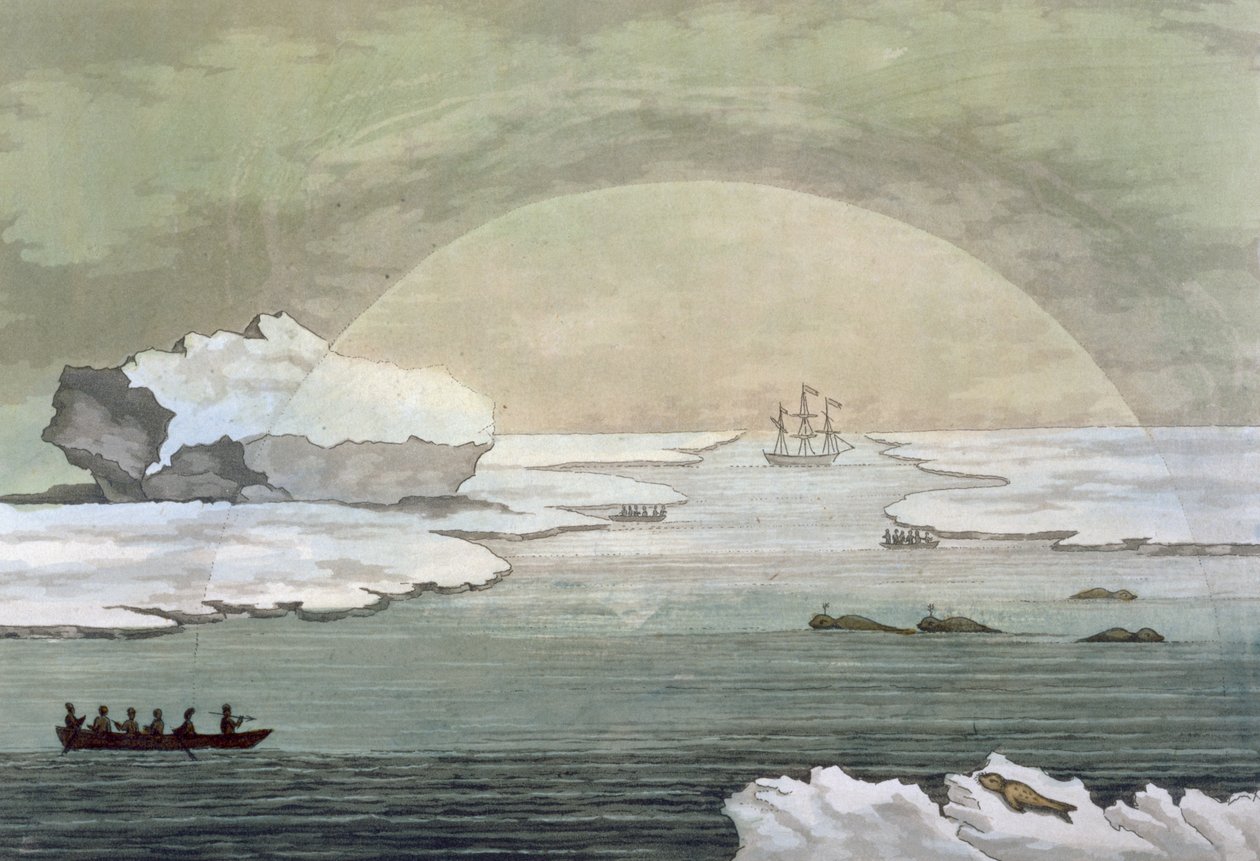 En islagt britisk hvalbåt blir befridd av solens stråler, Baffin Bay, juli 1817, fra 