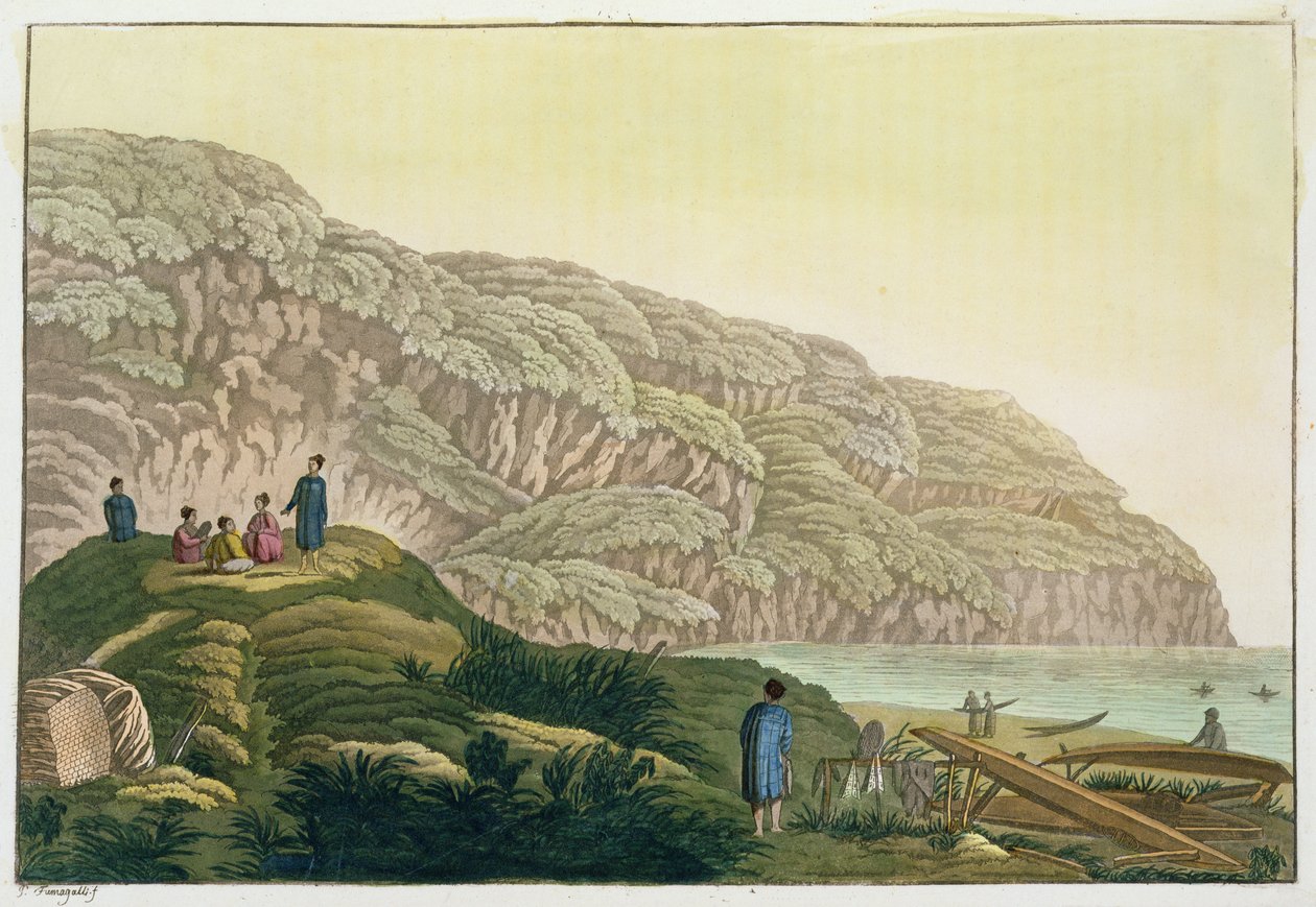 Kaptein Cook (1728-79) i Alaska under hans reise (fargegravering) av Paolo Fumagalli