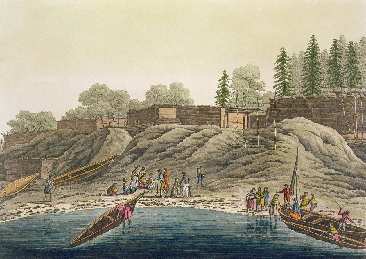 Nootka-indianere som utveksler gaver med europeiske oppdagelsesreisende eller hvalfangere, fra 