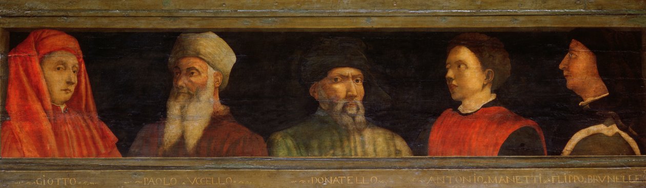 Portretter av Giotto (ca. 1266-1337) Uccello, Donatello (ca. 1386-1466) Manetti (ca. 1405-60) og Brunelleschi (1377-1446) (tempera på panel) av Paolo Uccello