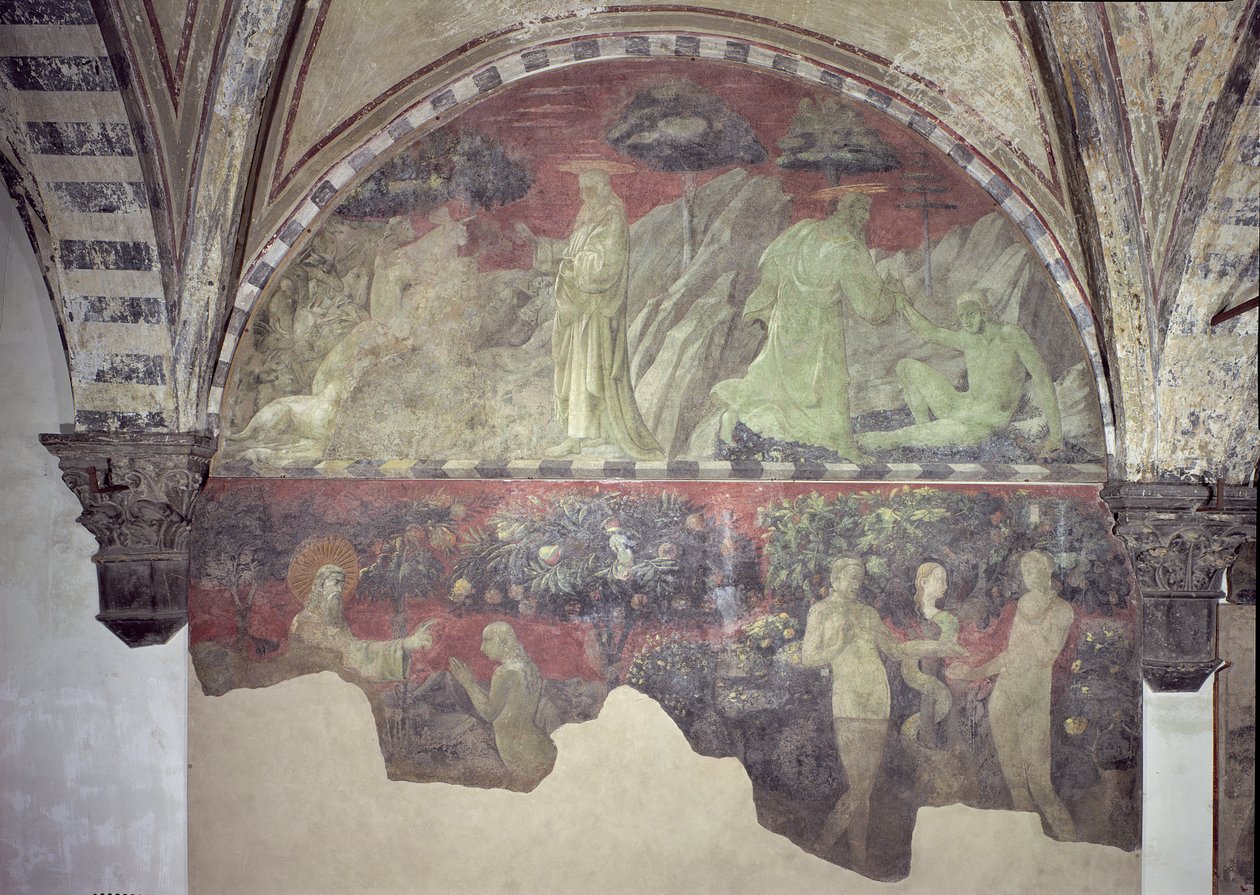 Skapelsen av dyrene og av Adam (øvre del) skapelsen av Eva og arvesynden (nedre del) lunette av Paolo Uccello