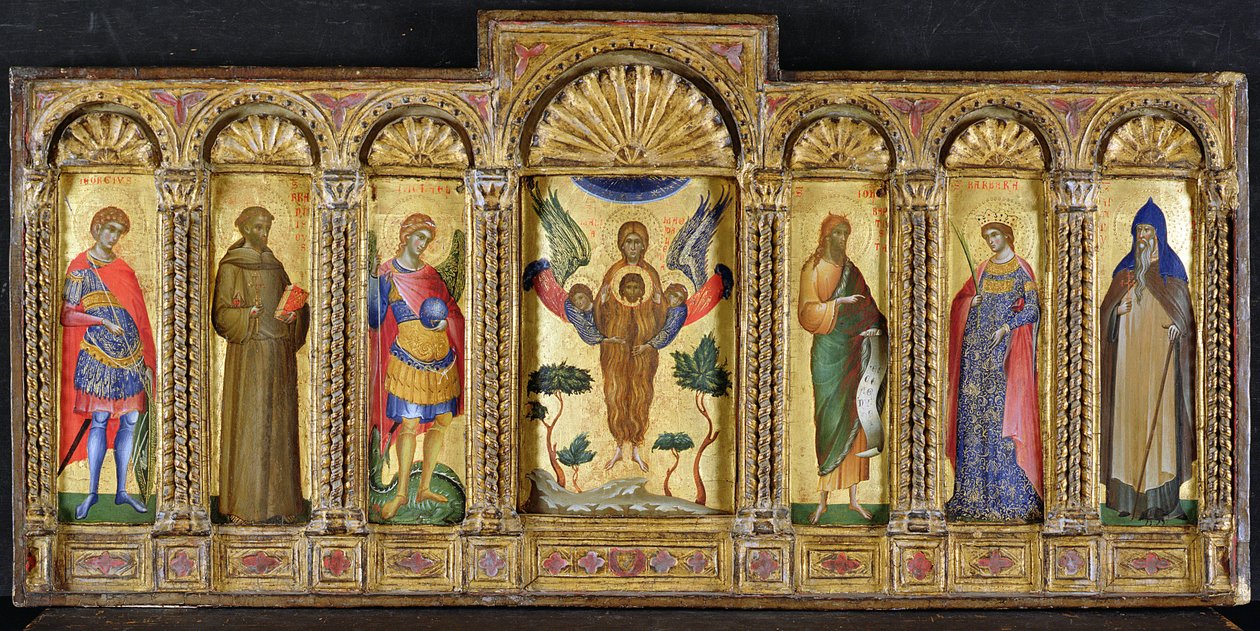 Triptyk med Maria Magdalena som holder Kristi hode, flankert av helgener, (tempera på panel) av Paolo Veneziano