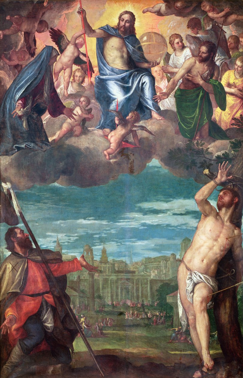 Kristus arresterer pesten med jomfruens bønner, St. Rocco og St. Sebastian av Paolo Veronese