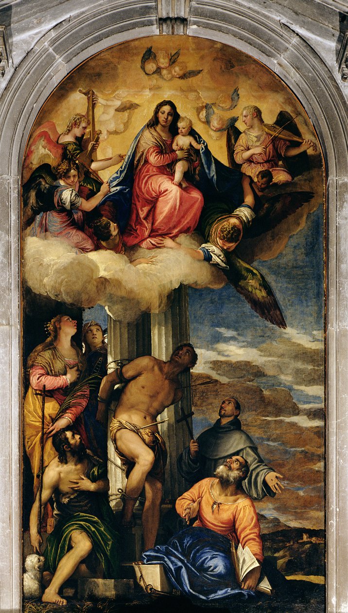Jomfru og barn med englemusikere og hellige av Paolo Veronese