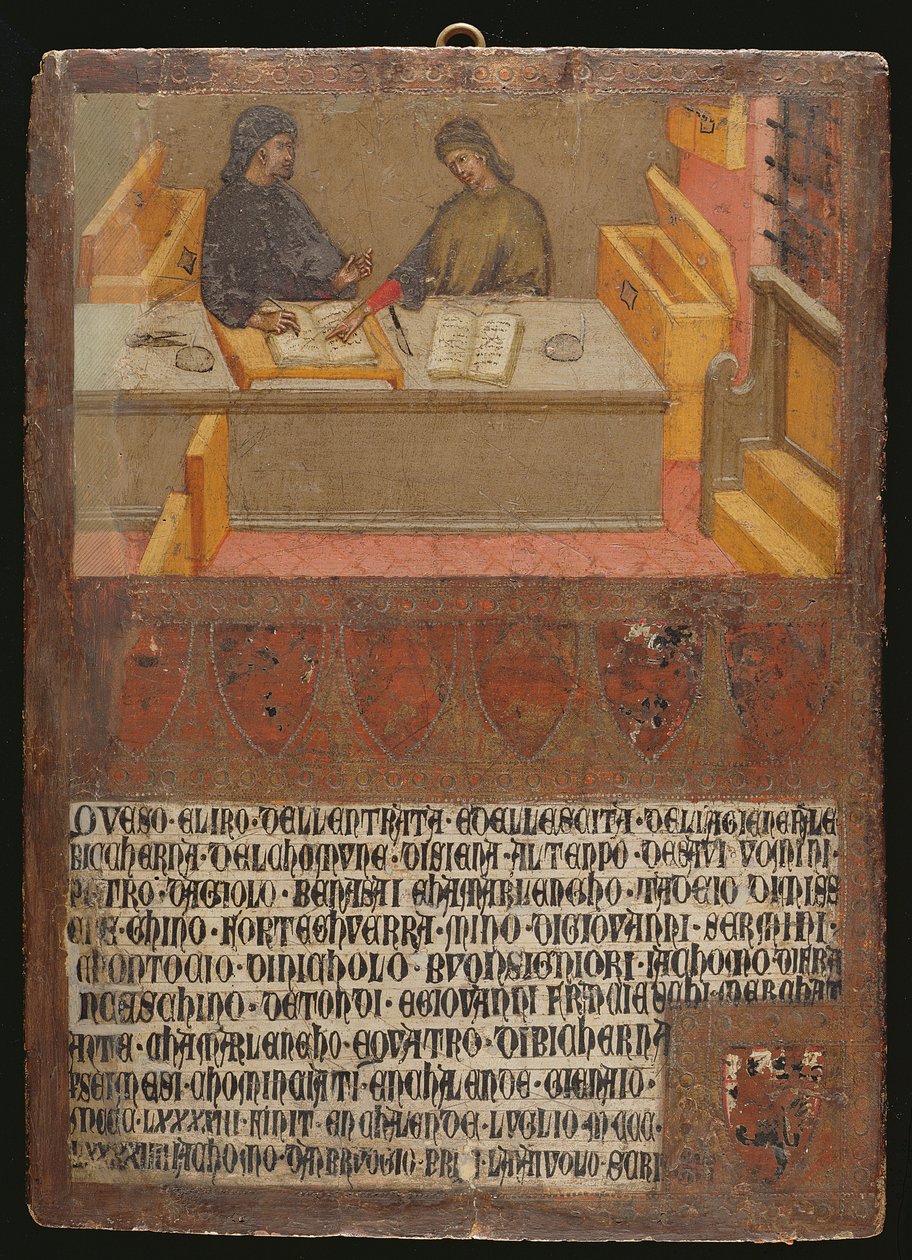 Økonomisjef og skribent ved skrivebordet deres i Biccherna (inntektskontoret) (tempera på panel) av Paolo di Giovanni Fei