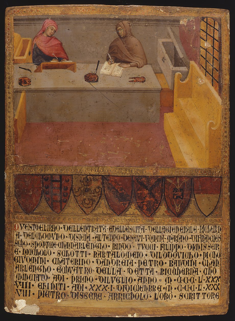 Økonomisjef og skribent ved skrivebordet deres i Biccherna (inntektskontoret) (tempera på panel) av Paolo di Giovanni Fei