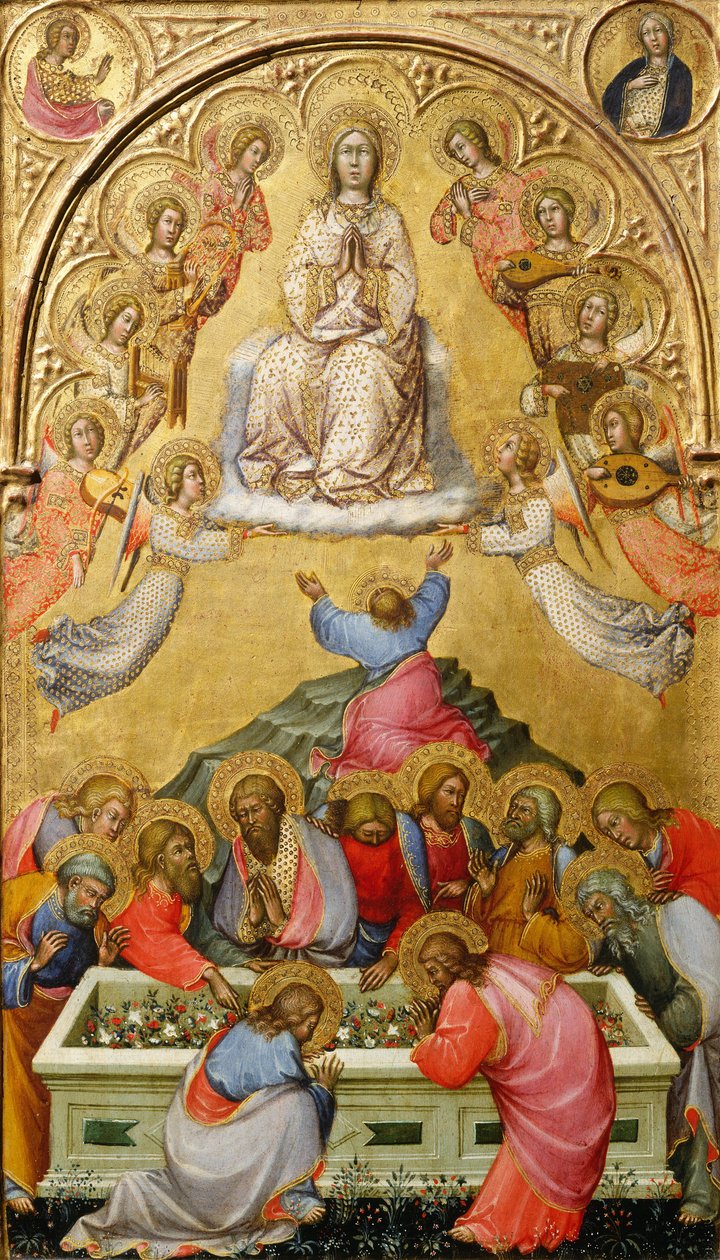 Jomfruens himmelfart med byster av erkeengelen Gabriel og bebudelsens jomfru, ca. 1400-5 (tempera på panel) av Paolo di Giovanni Fei