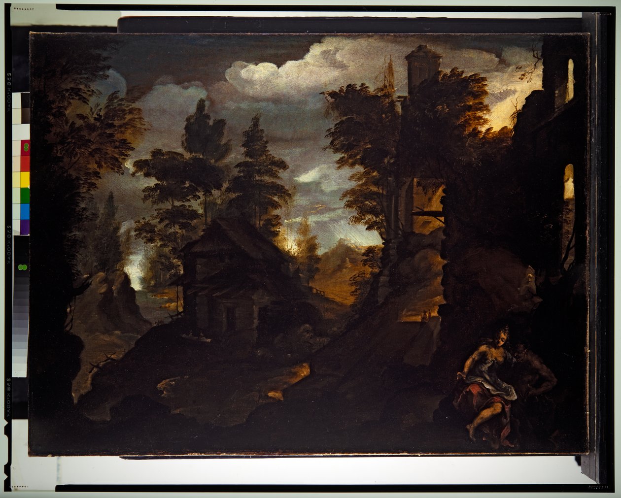 En nymfe og en satyr ved en ødelagt bygning i et steinete skogslandskap av Paolo (1540 96) Fiammingo