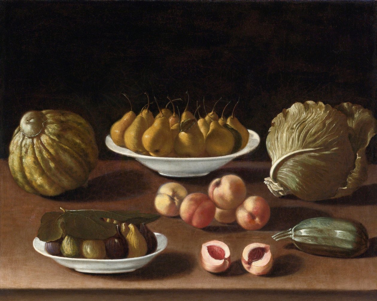 ""Stilleben med pærer, fersken, fiken, melonkål og squash"" (Stilleben med pærer, fersken, fiken, en melon, kål og marg) Maleri av Paolo Antonio Barbieri (1603-1649) Olje på lerret, 76, 5x94 - Privat samling av Paolo Antonio Barbieri