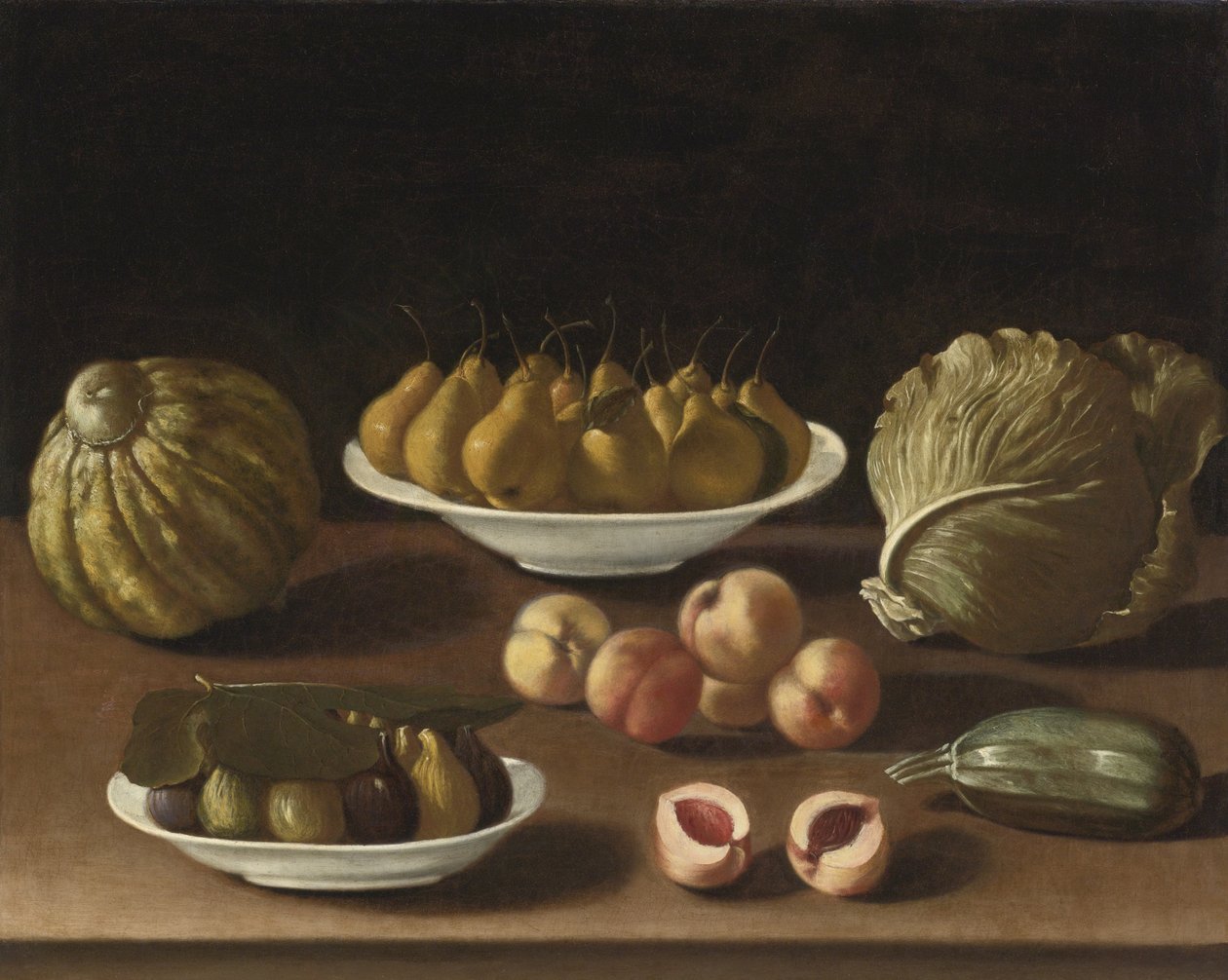 Stilleben med pærer, fersken, fiken, en melon, kål og marg av Paolo Antonio Barbieri