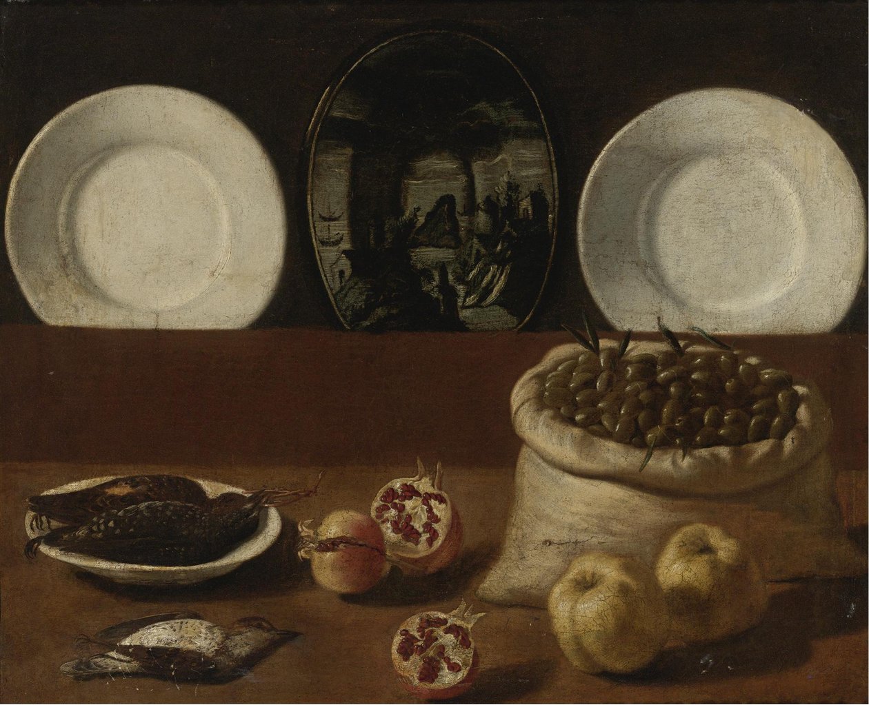 Stilleben med tallerkener, en sekk fylt med oliven, vilt, granatepler og kvede av Paolo Antonio Barbieri