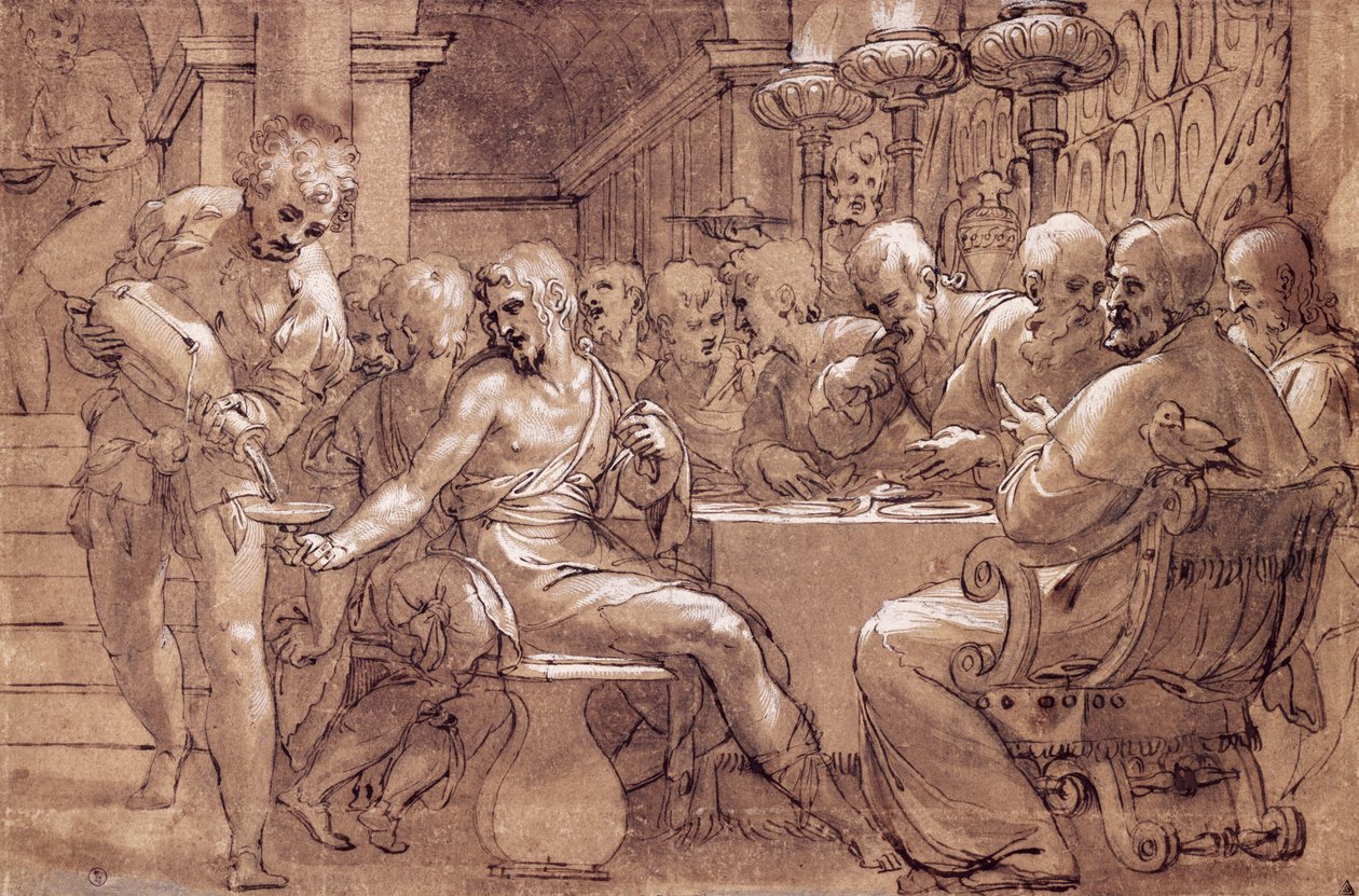Nattverden til Saint Gregory, tegning av Paolo Farinati (1524-1606), gråbrun akvarell, penn, hvit bly og svart blyant, Italia av Paolo Farinati