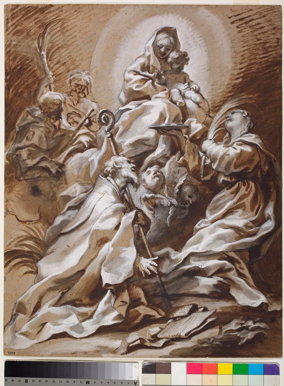 Jomfruen og barnet i herlighet med de hellige Fortunato, Nicholas, James og Christopher av Paolo Gerolamo Piola