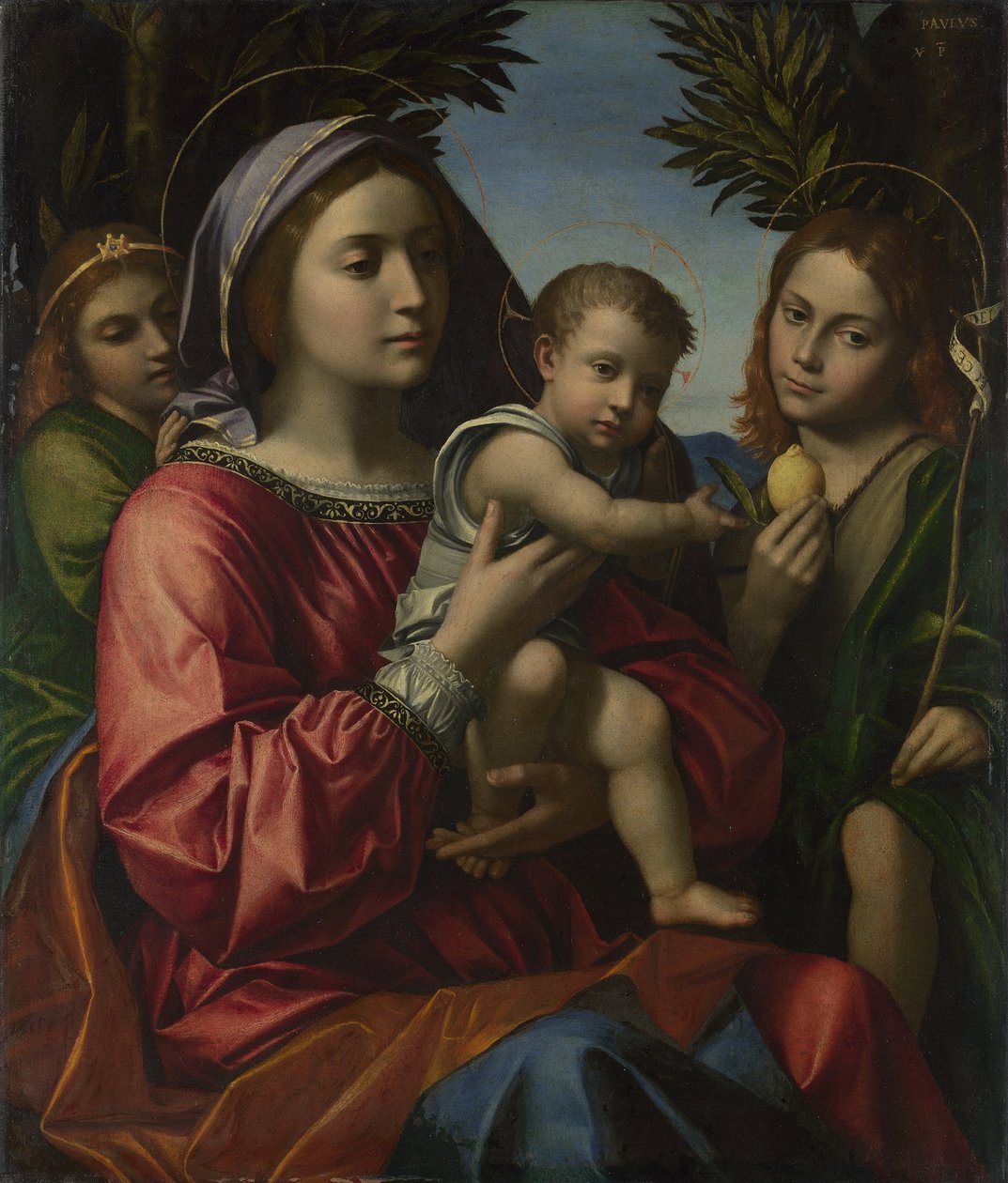 Jomfruen og barnet med døperen og en engel, ca. 1516 av Paolo Morando