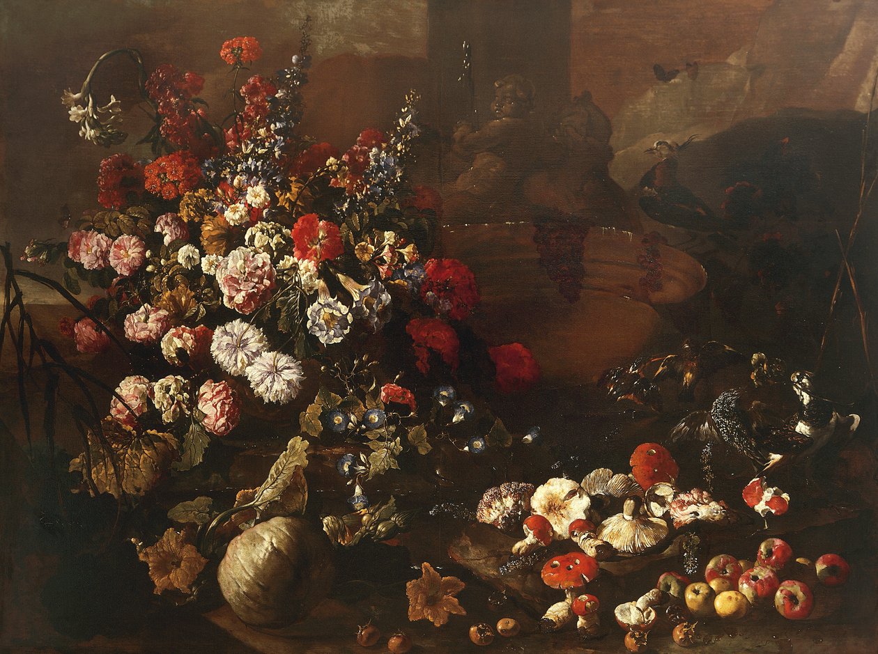 Stilleben med blomster, frukt, sopp og fugler (olje på lerret) av Paolo Porpora