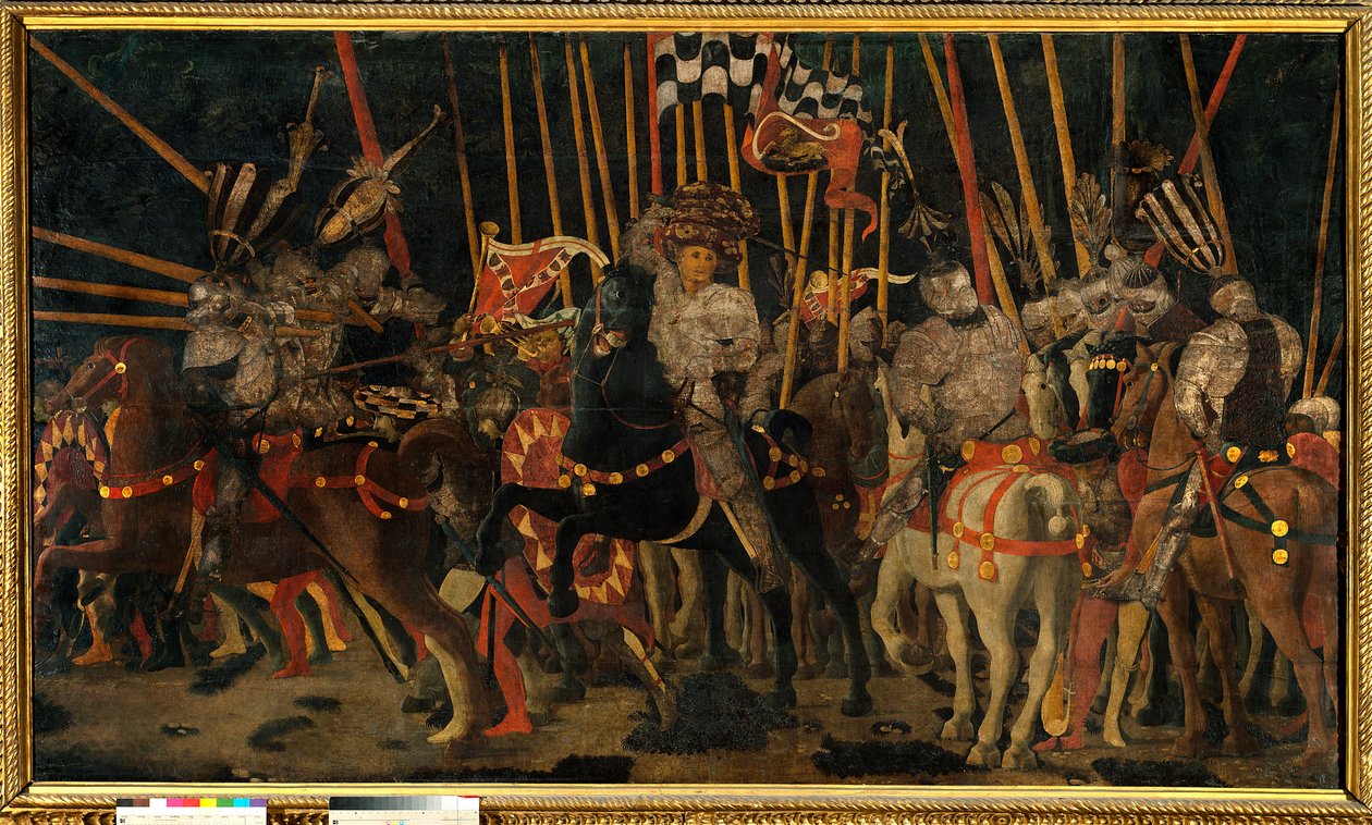 Slaget ved San Romano mellom florentinerne og Sienese 02.06.1432 (motangrepet til Micheletto da Cotignola). Maleri av Paolo di Dono dit Uccello (1397-1475) 1456 Søn. 1,8x3,2 m Paris, Musée du Louvre. av Paolo Uccello