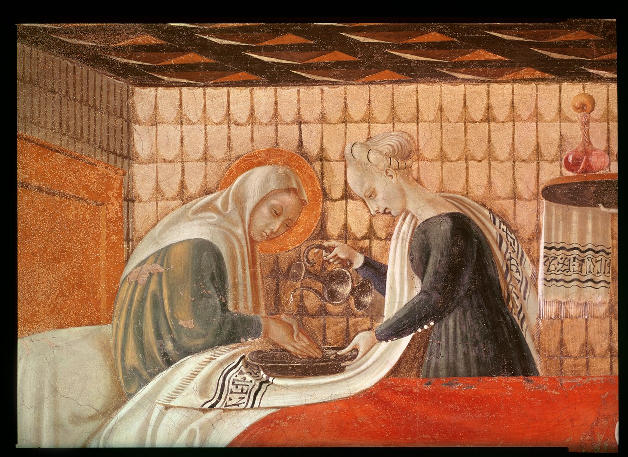 Jomfruens fødsel, detalj om St. Anne og en ledsager, freskomaleri fra 1440, se også 85549 av Paolo Uccello