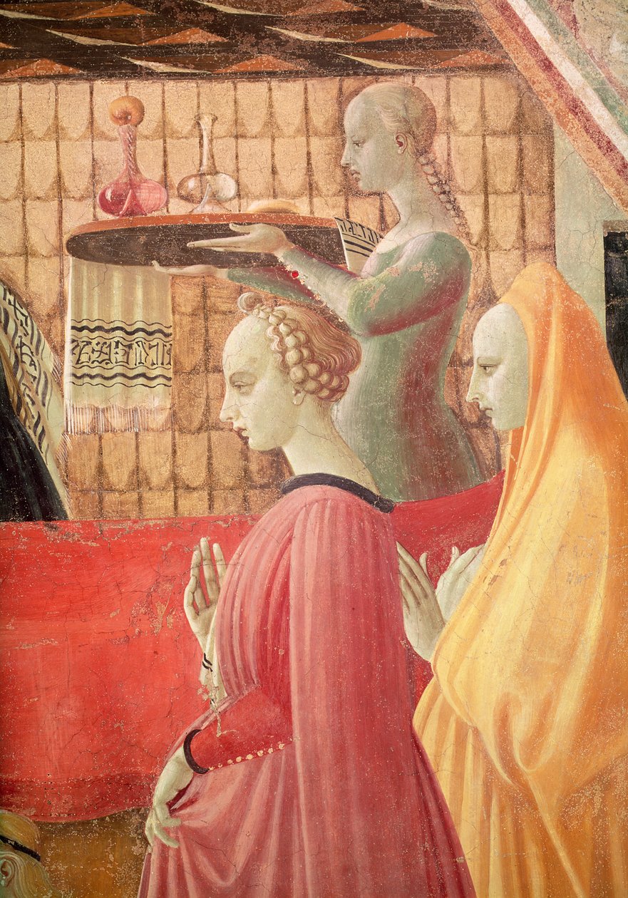 Jomfruens fødsel, detalj om en tjener og to ledsagere, 1440 fresco se også 85550 av Paolo Uccello