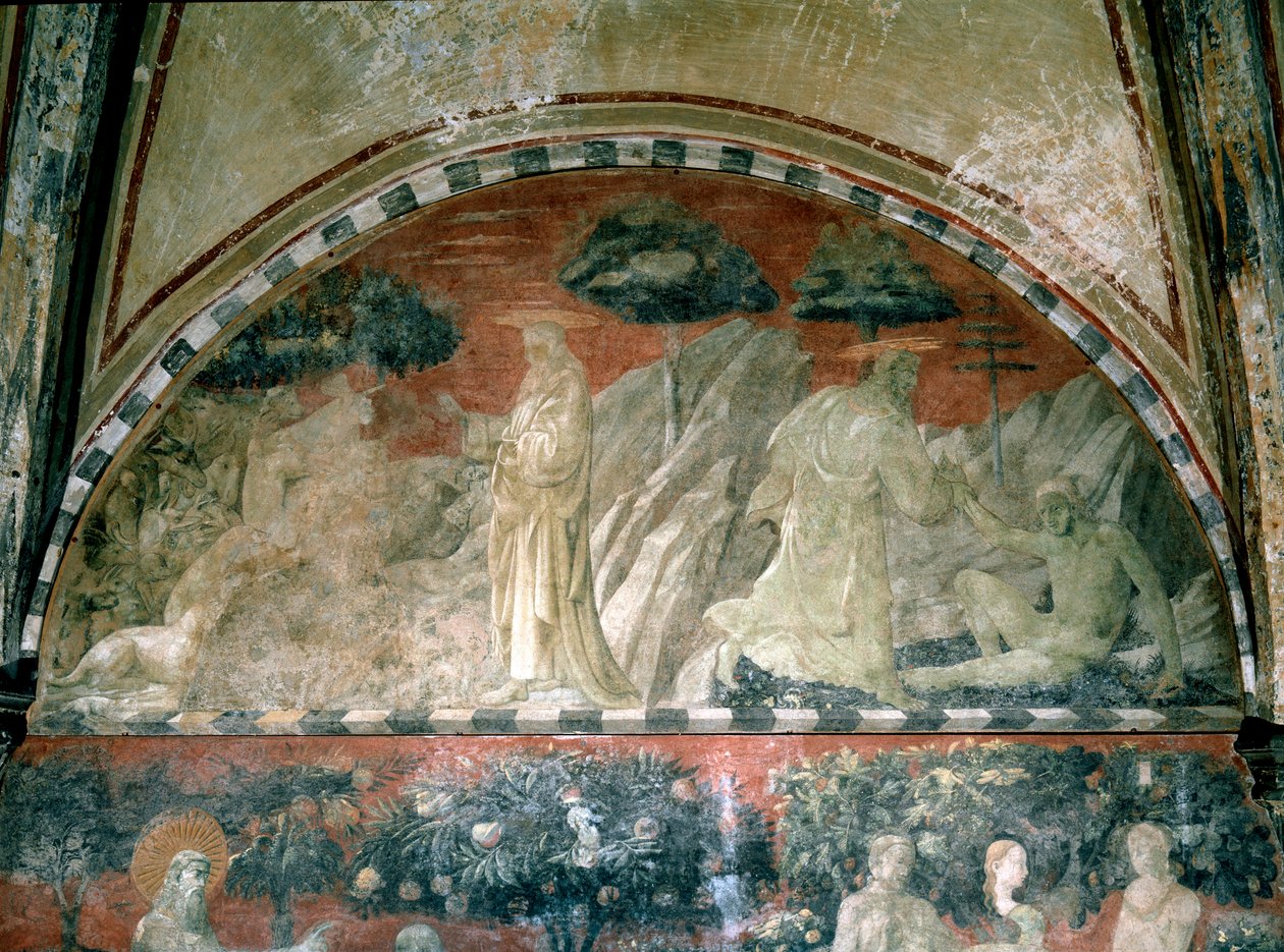 Genesis, skapelsen av dyrene og skapelsen av adam - Fresco av Paolo Uccello