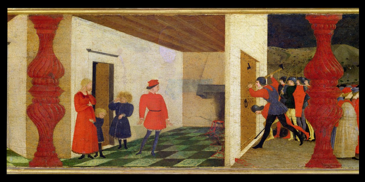 Predella av vertens vanhelligelse: Den jødiske pantelåner steker den innviede vert i ilden som strømmer med blod og vekker oppmerksomheten til fogdene som slår ned døren, ca. 1468 (tempera på panel) (detalj) av Paolo Uccello